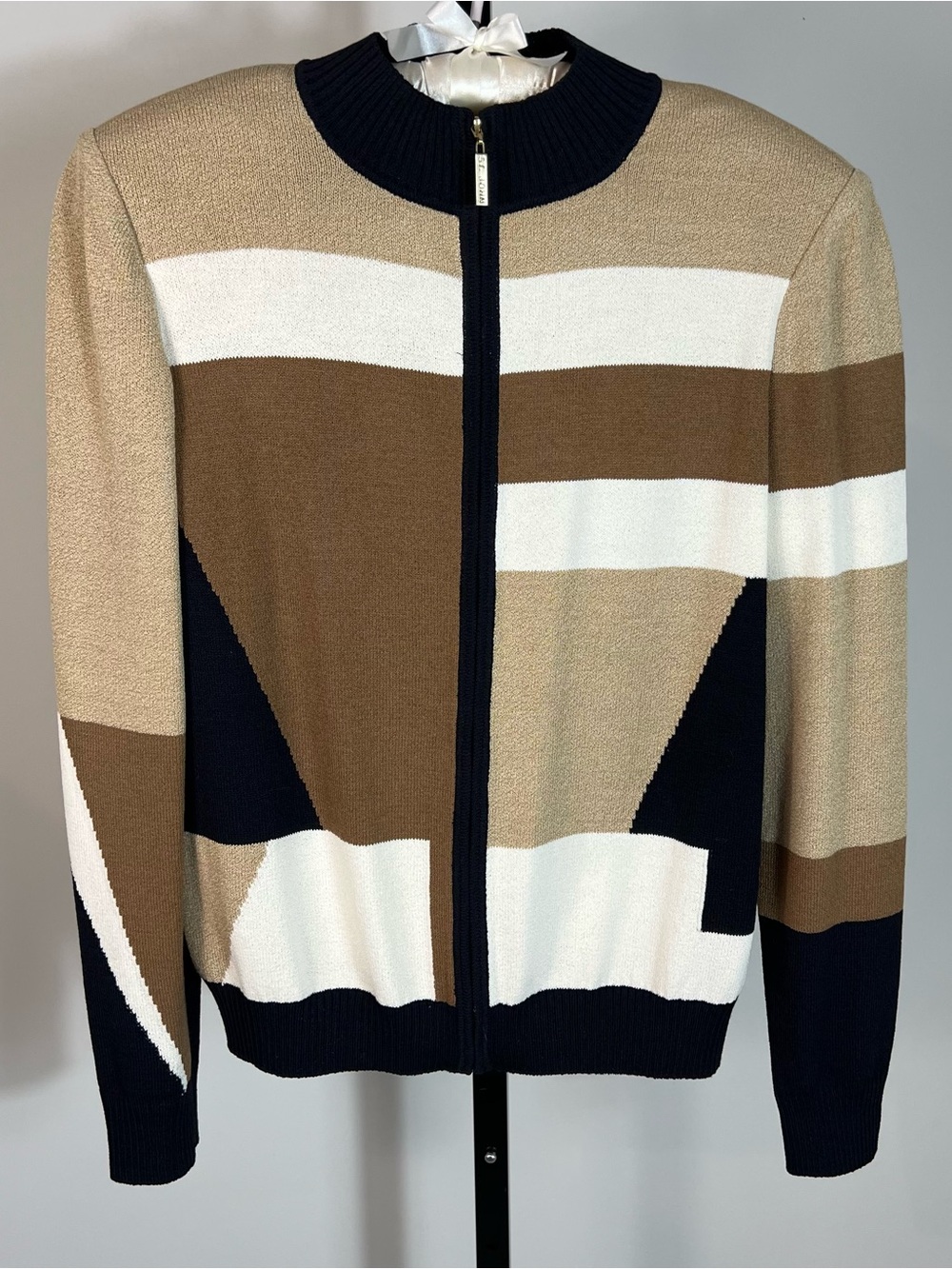 St. John Sport Brown Tan Color Block Patchwork Design Zip Up Cardigan Jacket S